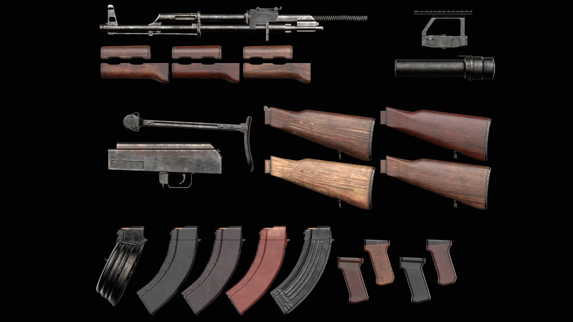 AK-47 AKS Kalashnikov Assault Rifle Game Ready Low-poly 3D model_11