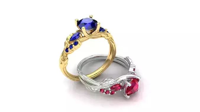 Wood engraving engagement ring with round central stone