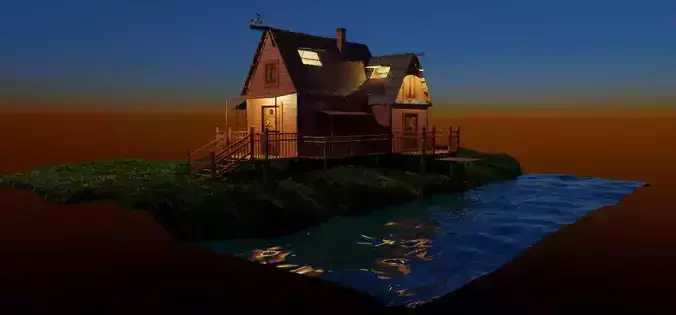 3D model of House near river in all views