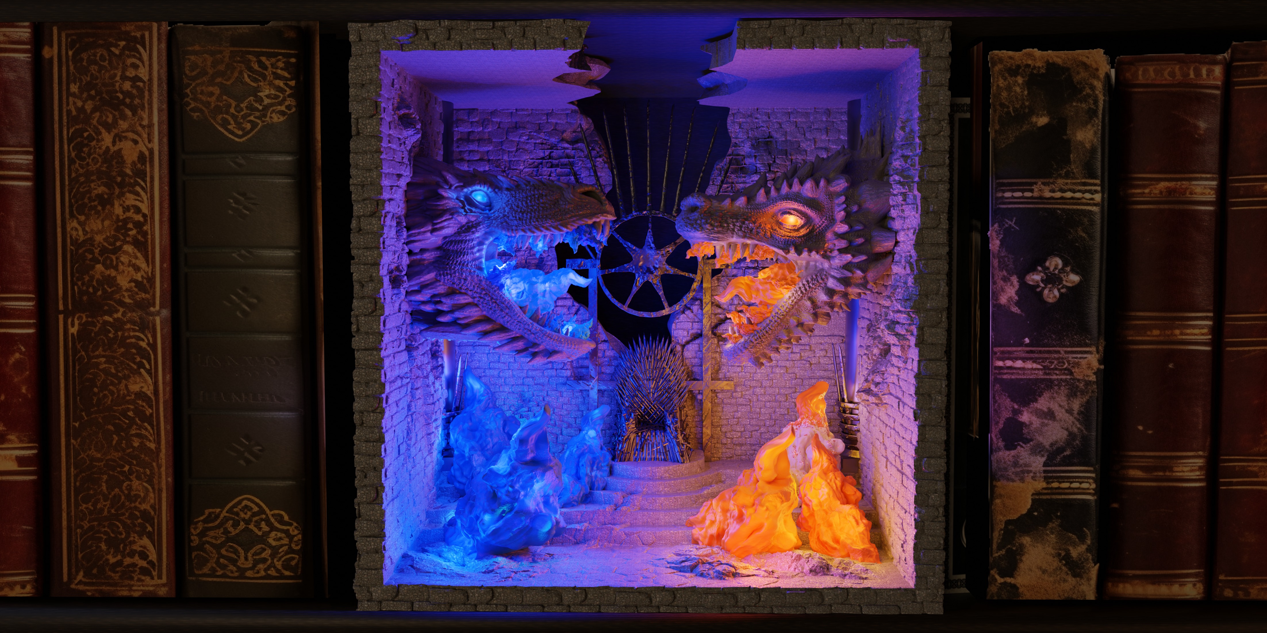 Book Nook Lamp Shattered Iron Between Two Dragons 3D print model_1