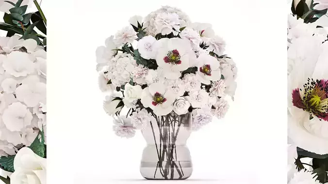 bouquet of white flowers in vase poppy hydrangea peony 459