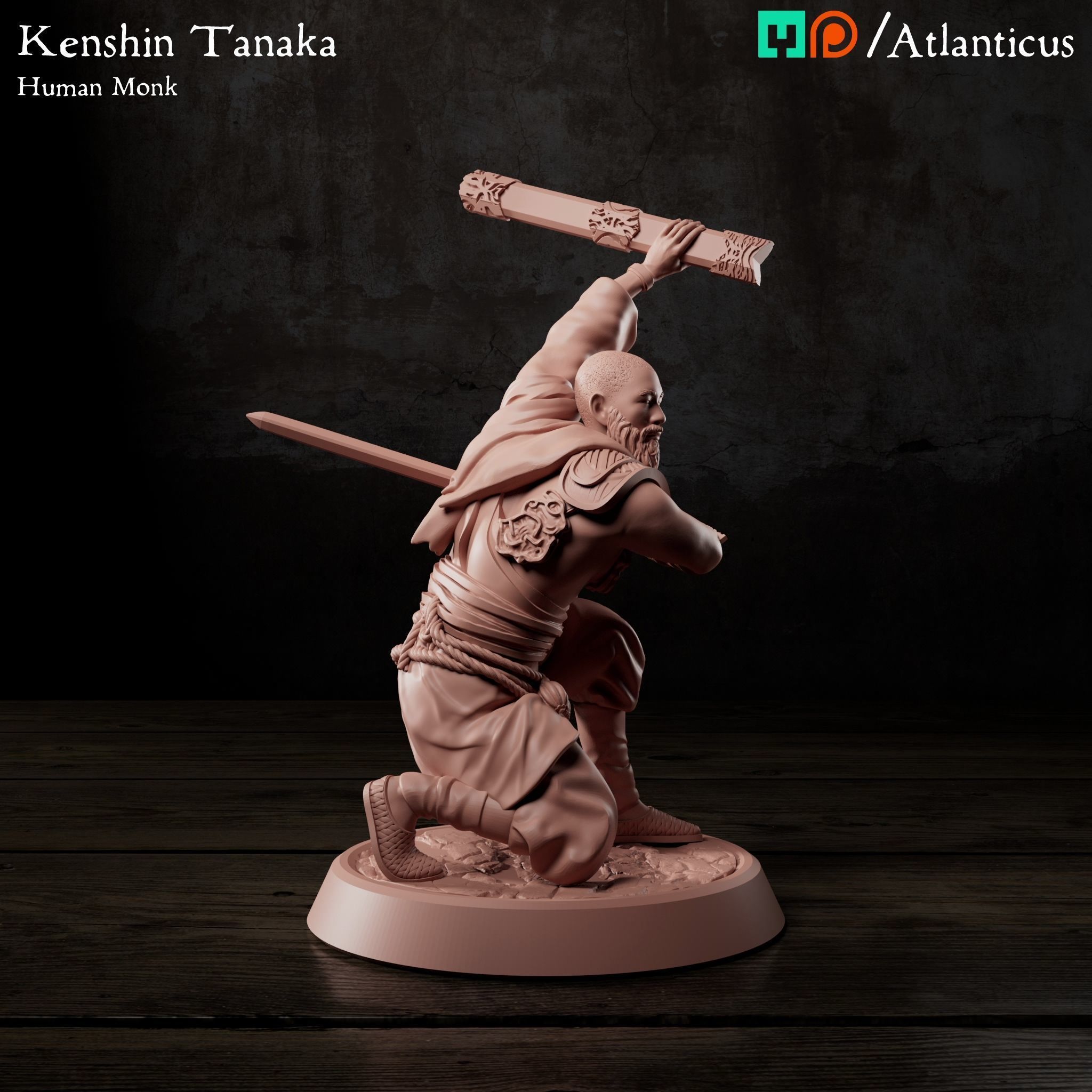 Male Human Monk - Kenshin Tanaka - Sword Kneeling 3D print model_1