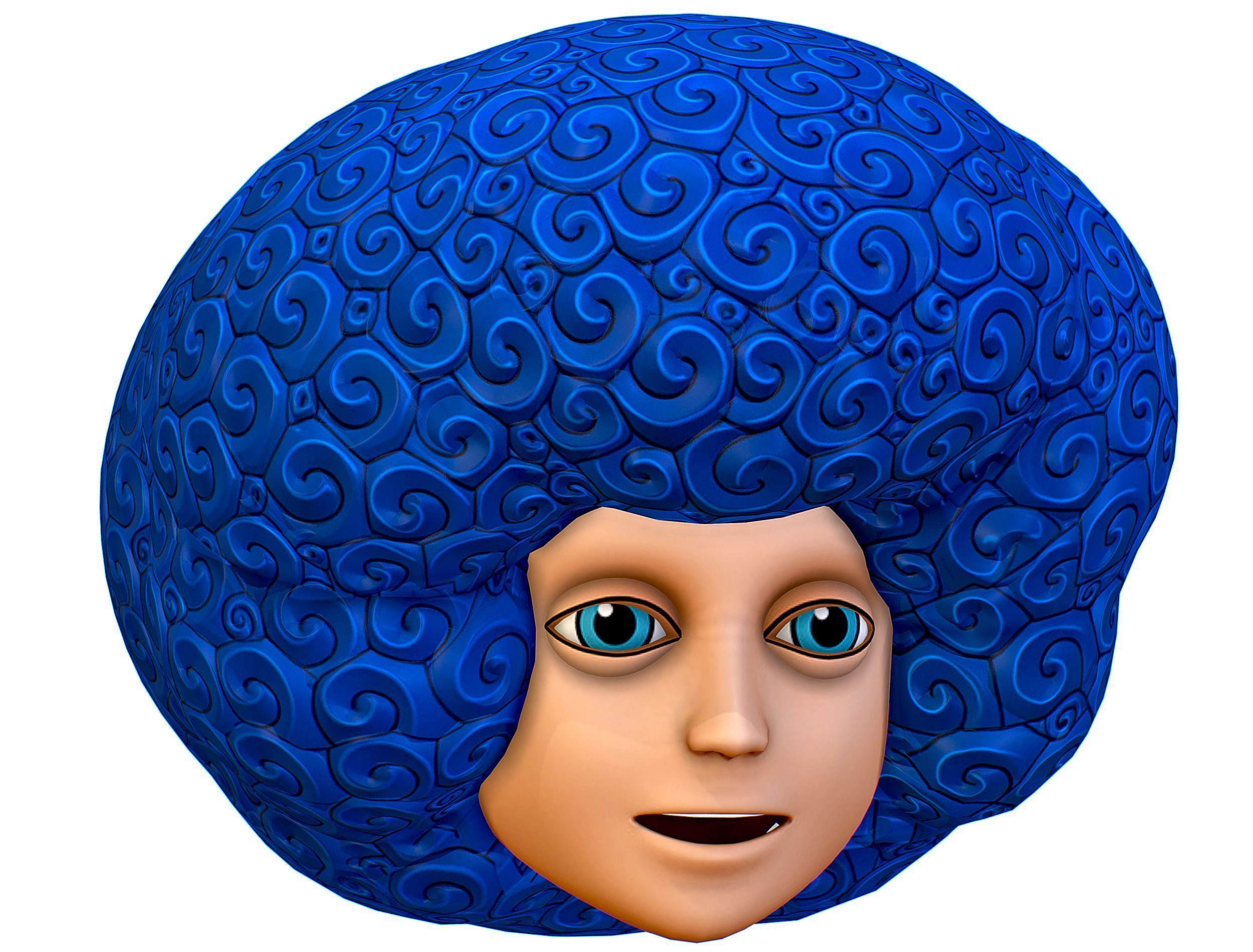 Blue Afro Hair Cartoon Young Man Boy Head Hair Low-poly 3D model_1