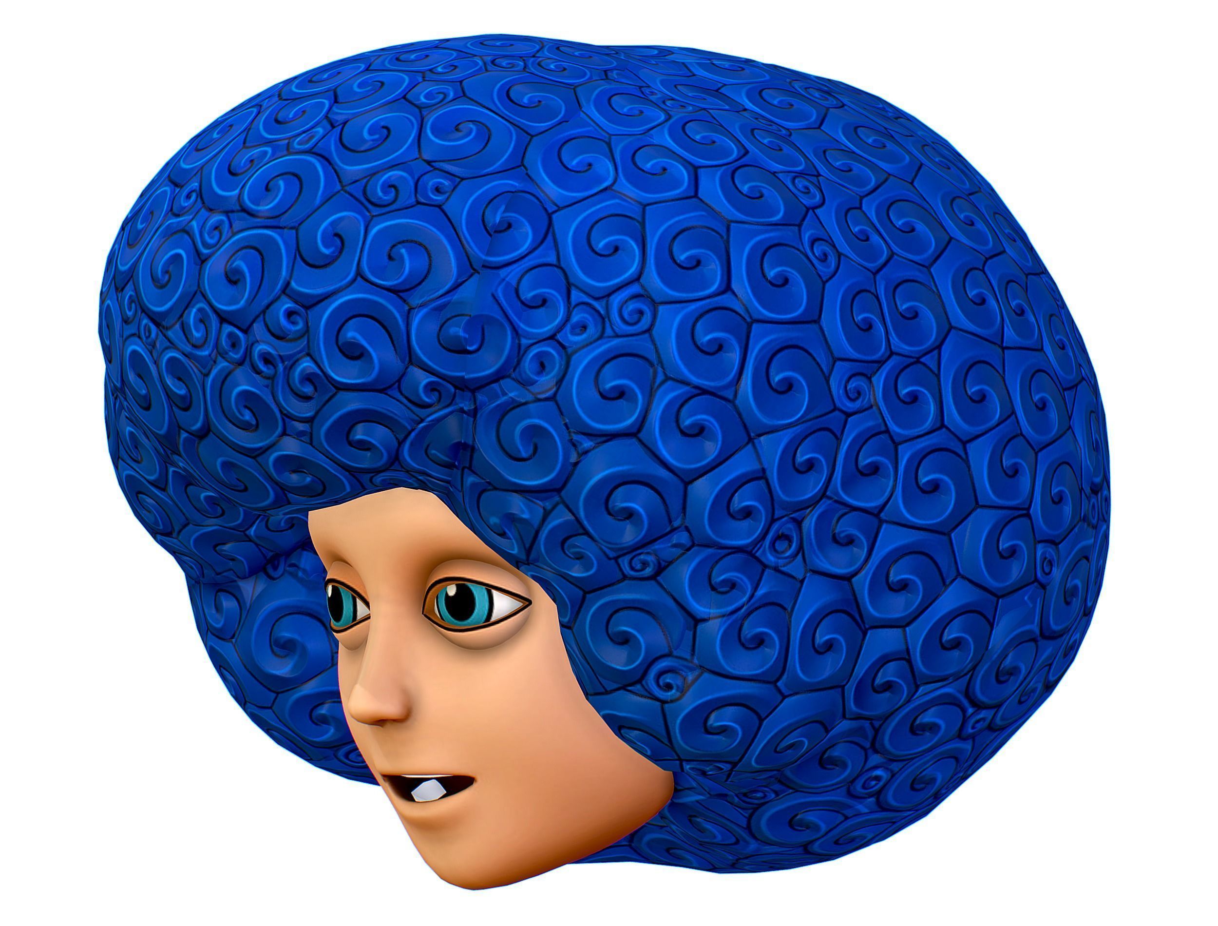 Blue Afro Hair Cartoon Young Man Boy Head Hair Low-poly 3D model_4