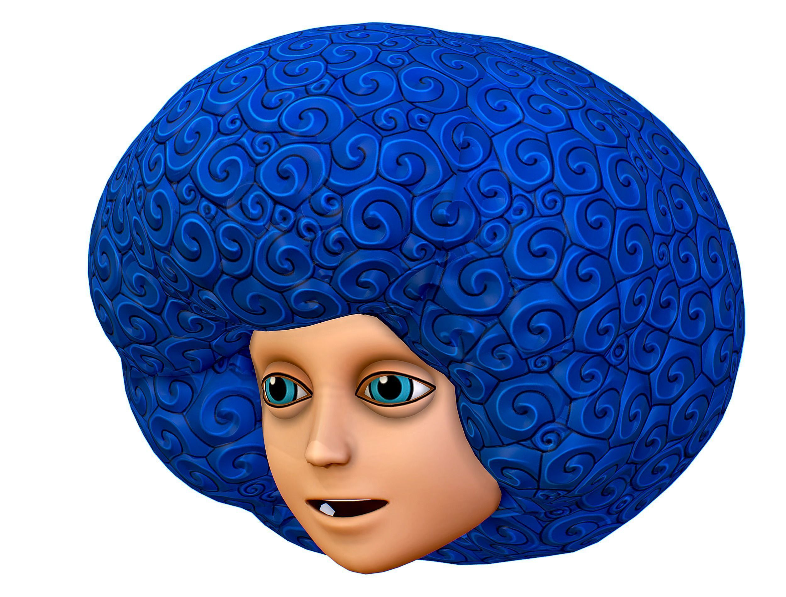 Blue Afro Hair Cartoon Young Man Boy Head Hair Low-poly 3D model_3