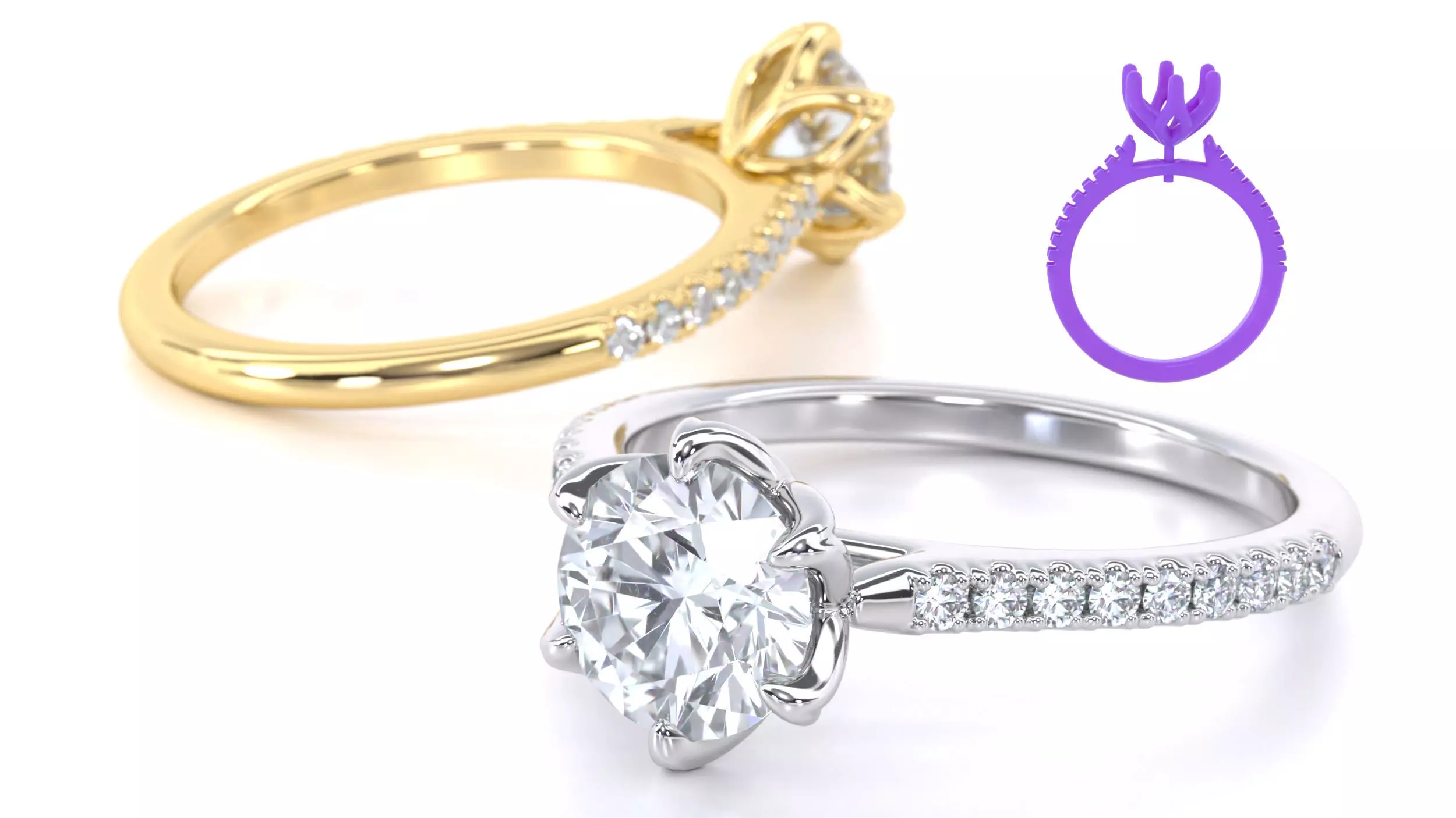 Tulip Setting Engagement Ring side stones 3D print model