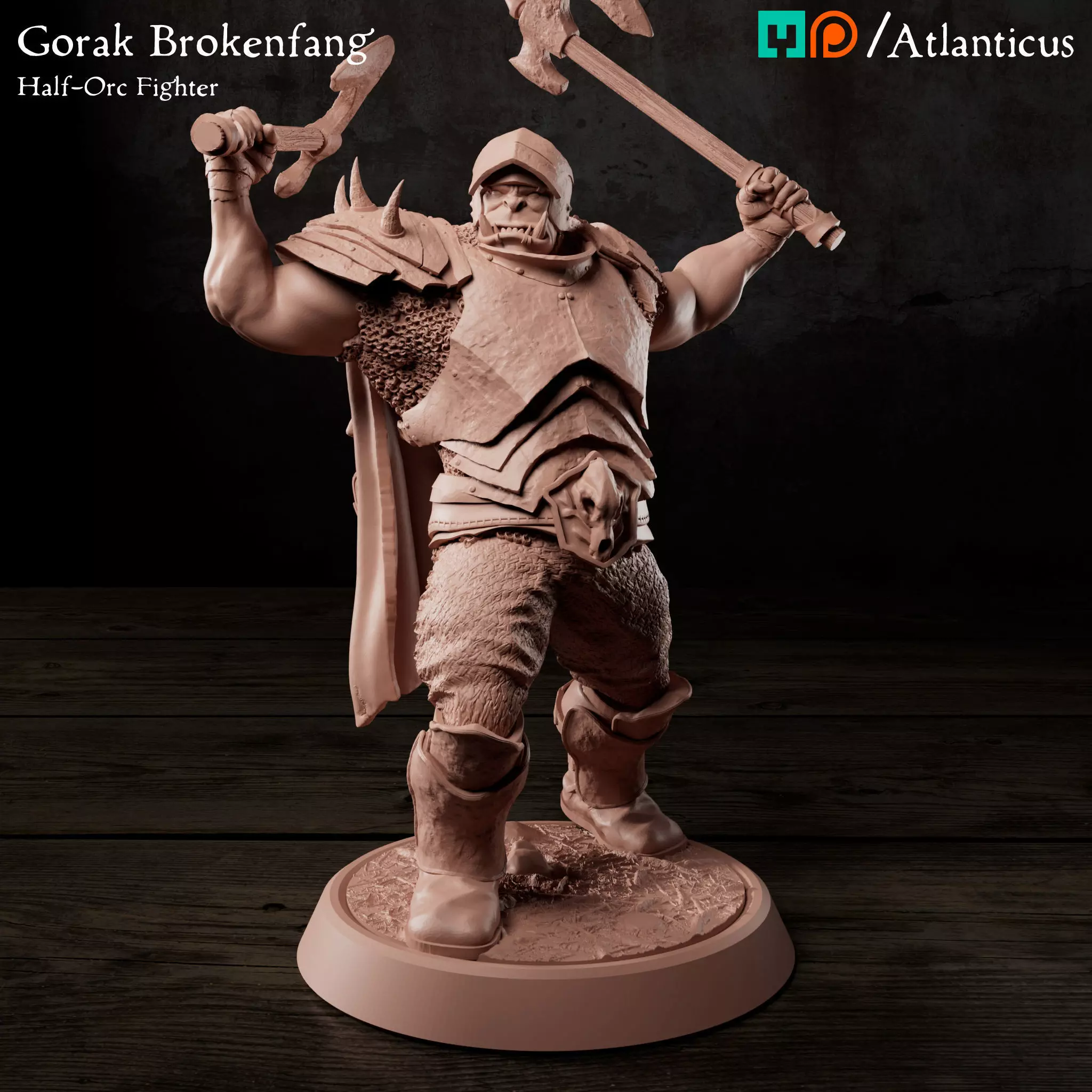 Male Half-Orc Fighter - Gorak Brokenfang - Handaxes 3D print model_0