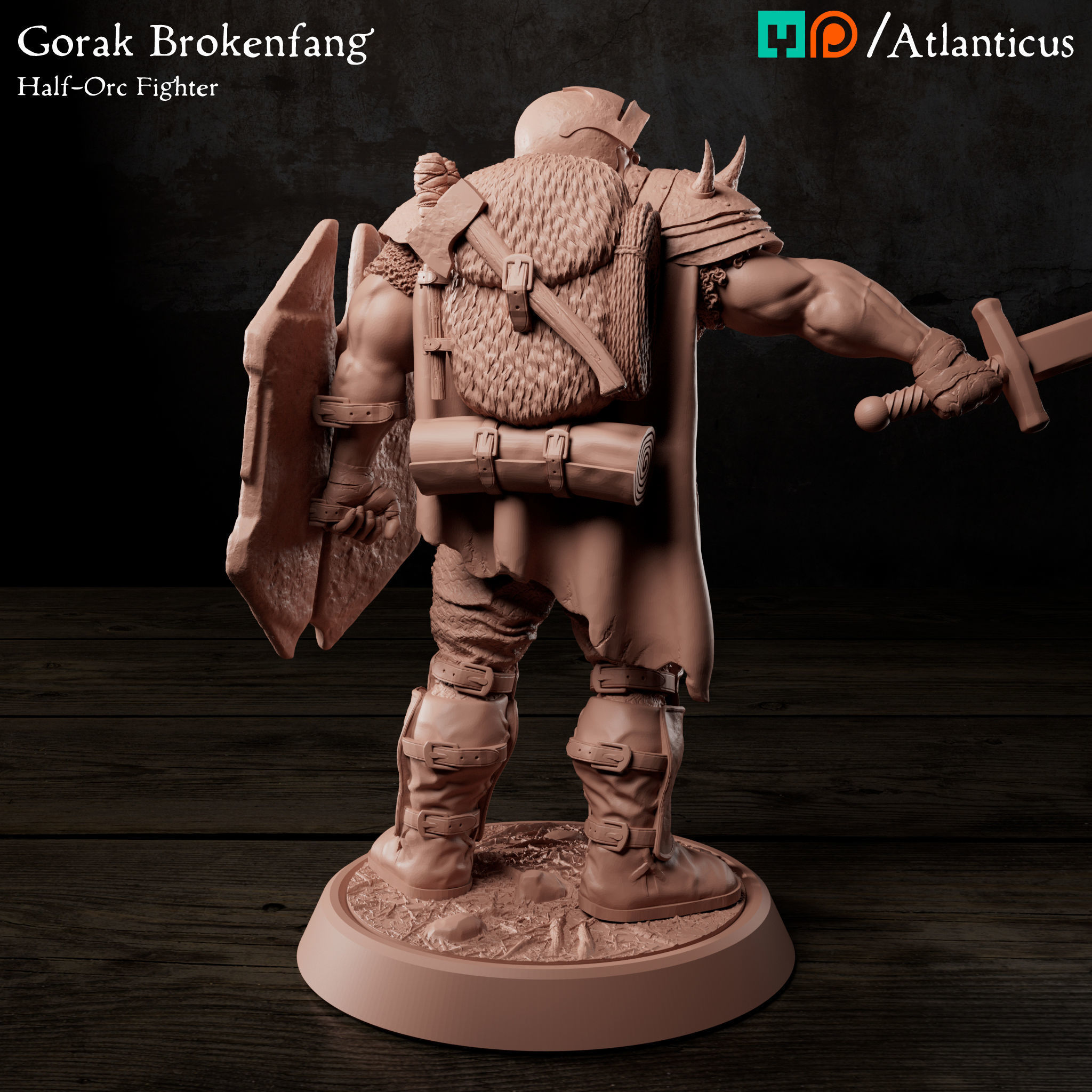 Male Half-Orc Fighter - Gorak Brokenfang - Sword and Shield 3D print model_3