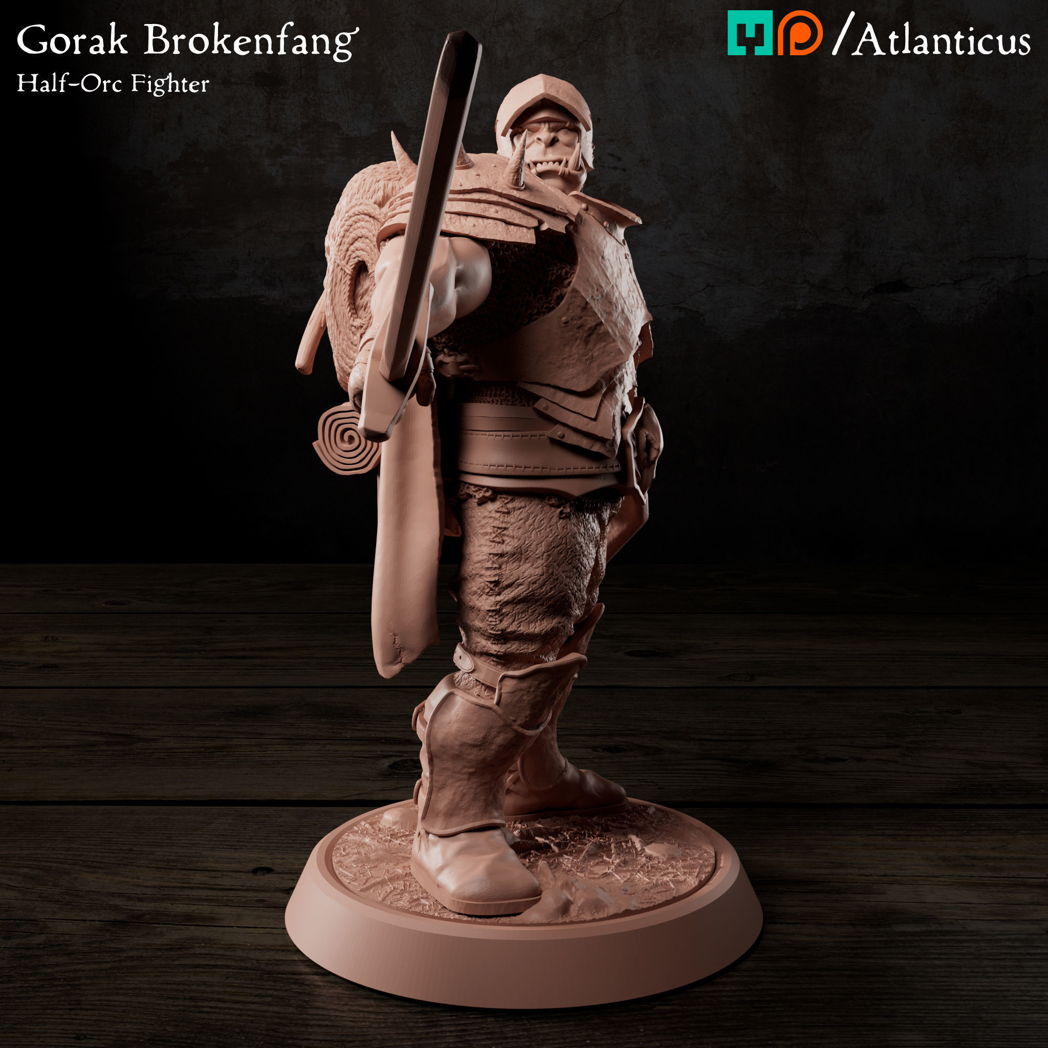 Male Half-Orc Fighter - Gorak Brokenfang - Sword and Shield 3D print model_2