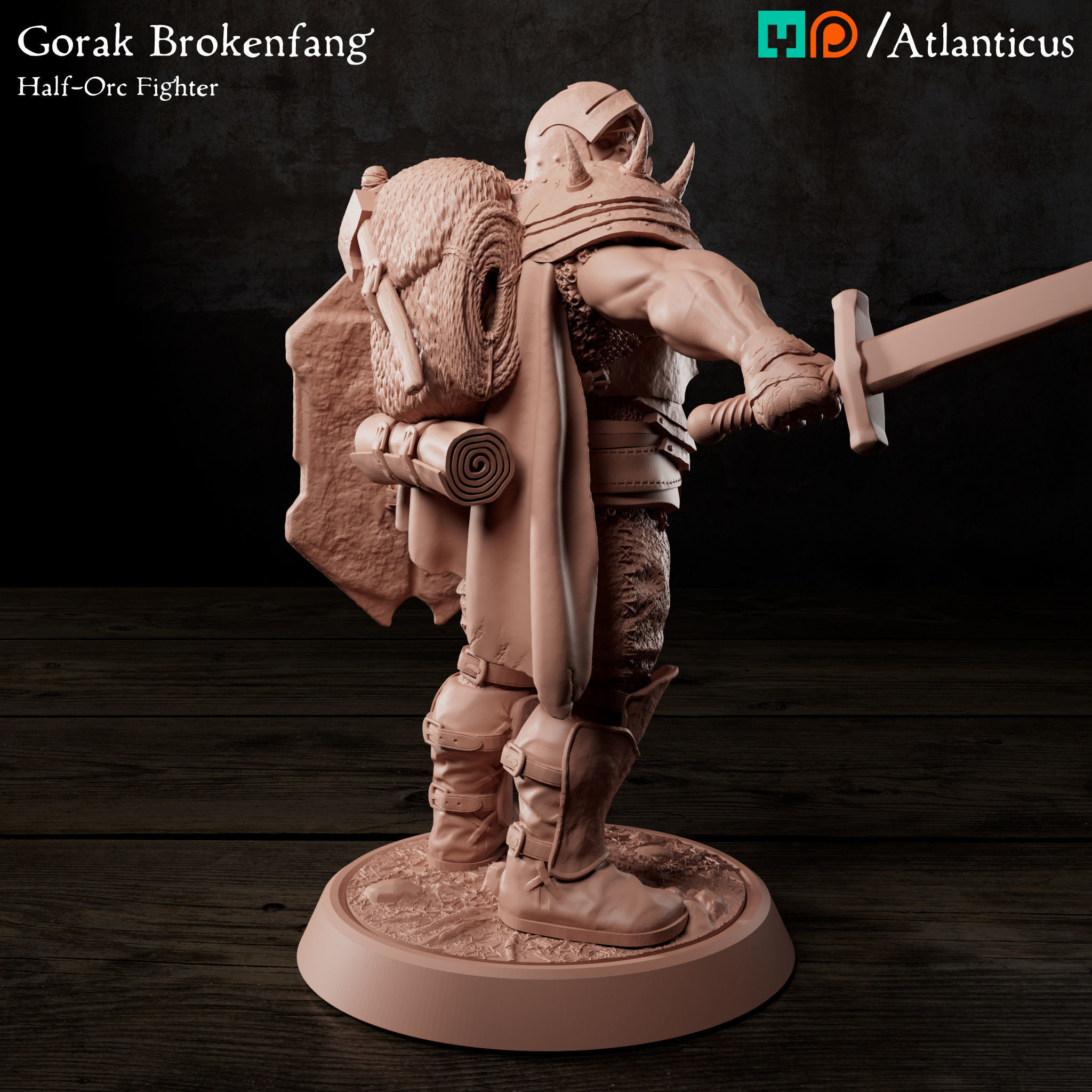 Male Half-Orc Fighter - Gorak Brokenfang - Sword and Shield 3D print model_4
