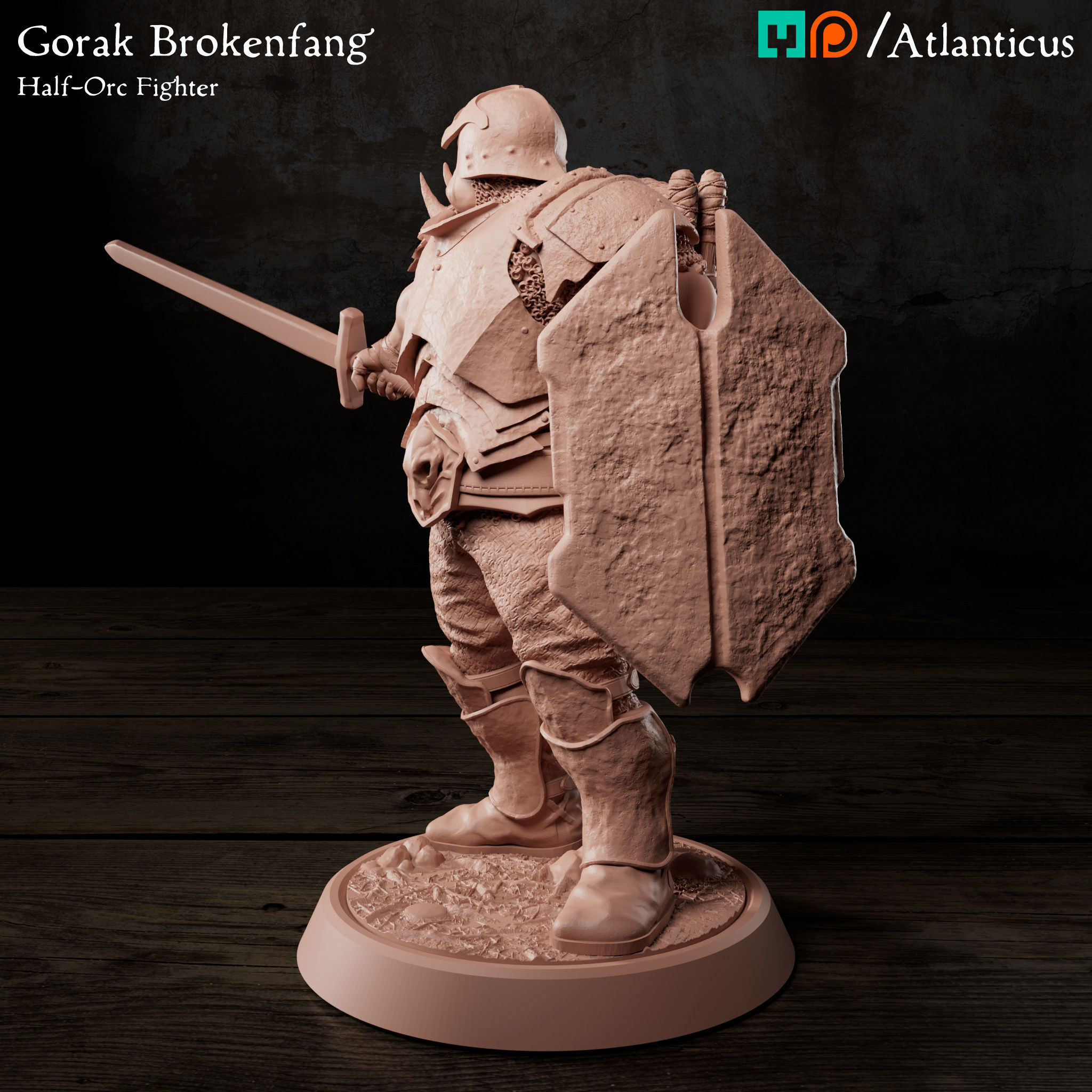 Male Half-Orc Fighter - Gorak Brokenfang - Sword and Shield 3D print model_6