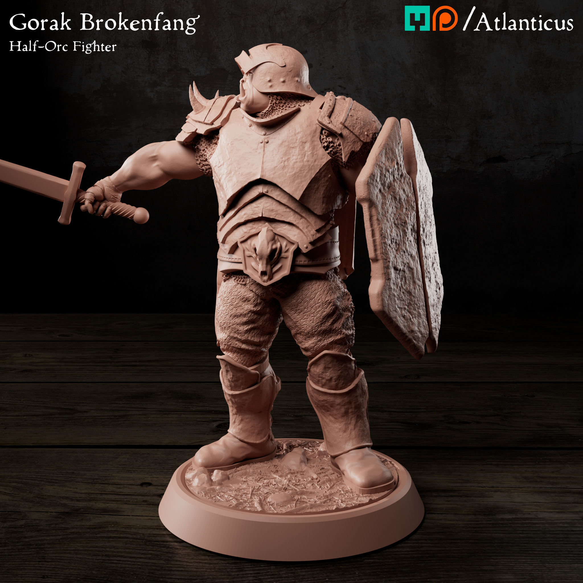 Male Half-Orc Fighter - Gorak Brokenfang - Sword and Shield 3D print model_5