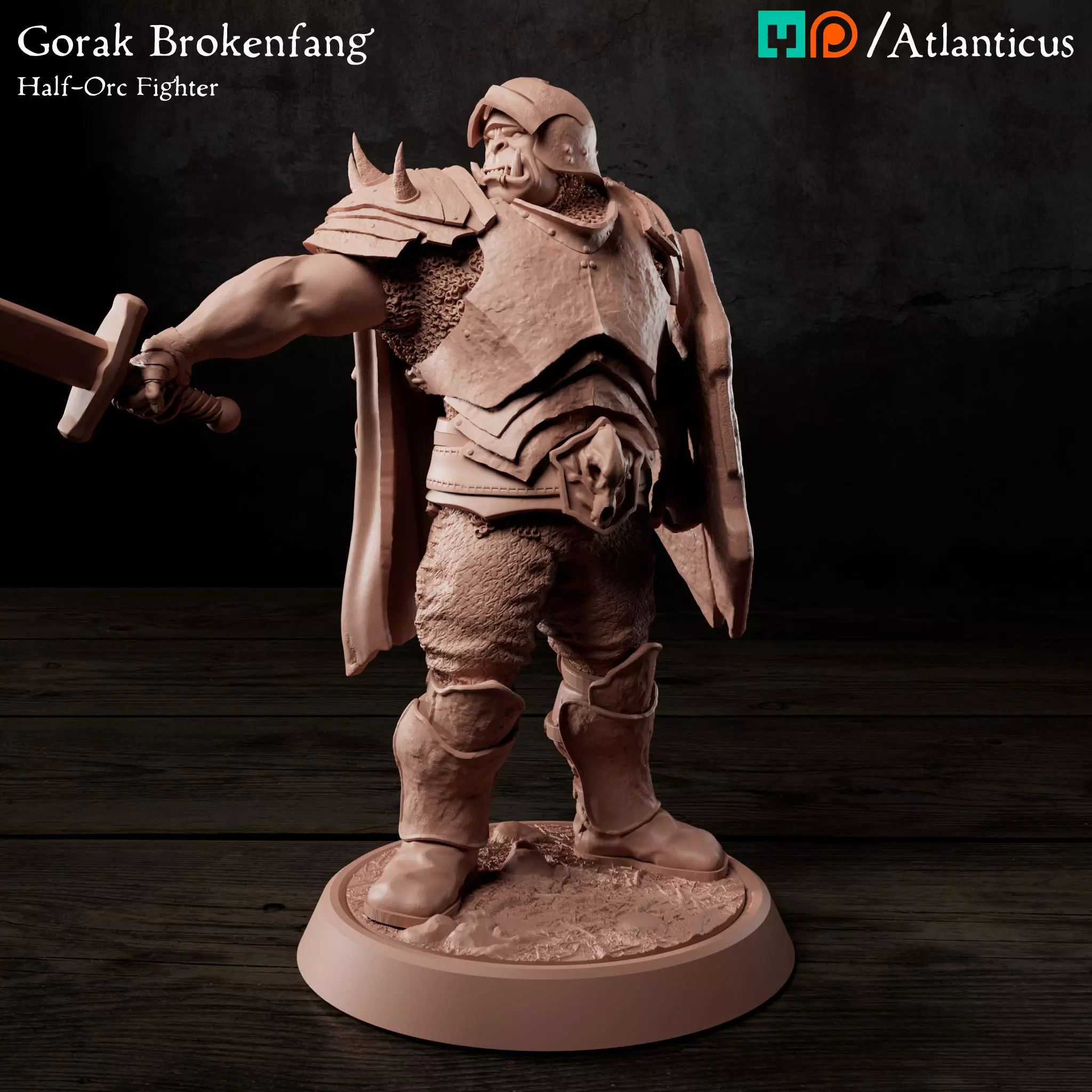 Male Half-Orc Fighter - Gorak Brokenfang - Sword and Shield 3D print model_0