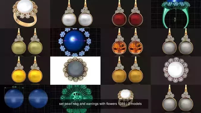 set pearl ring and earrings with flowers 1389