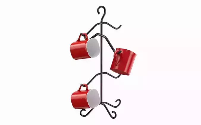 Mug Tree Stand With Red Mugs 3D model