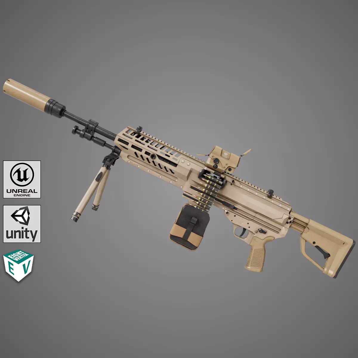Machine Gun 14 Brown All PBR Unity UE Textures Low-poly 3D model_0