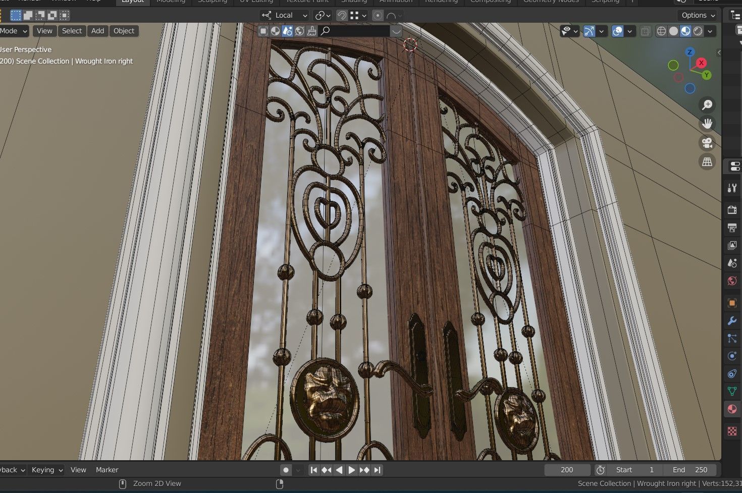 Classic Wrought Iron Glass Main Double Door 3D model_16