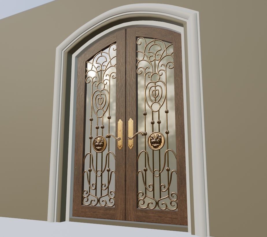 Classic Wrought Iron Glass Main Double Door 3D model_17
