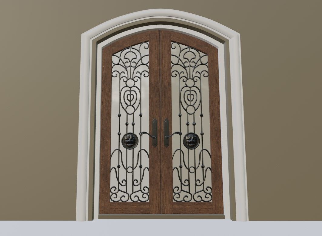 Classic Wrought Iron Glass Main Double Door 3D model_12