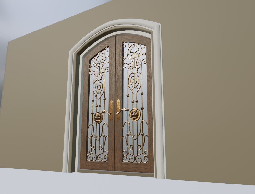 Classic Wrought Iron Glass Main Double Door 3D model_21
