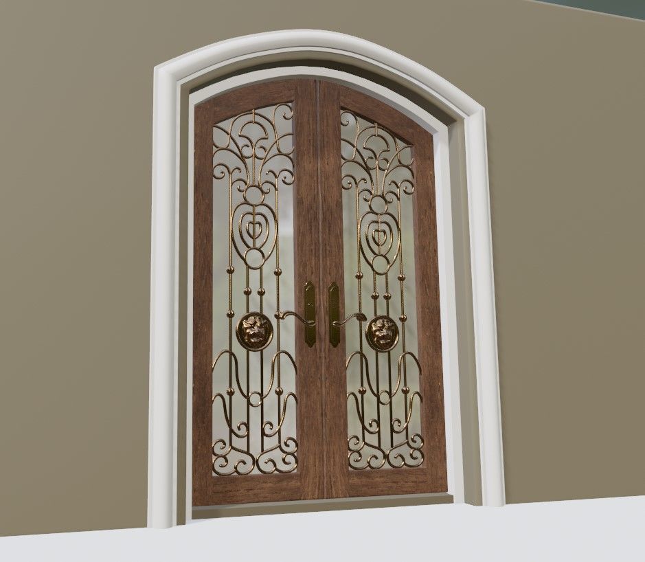 Classic Wrought Iron Glass Main Double Door 3D model_6