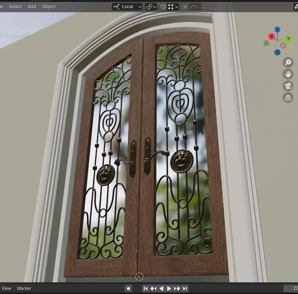 Classic Wrought Iron Glass Main Double Door 3D model_0