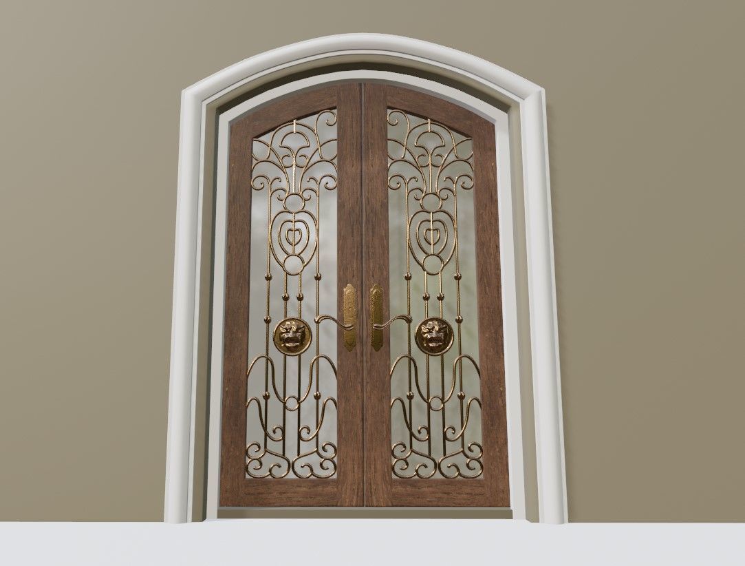 Classic Wrought Iron Glass Main Double Door 3D model_13