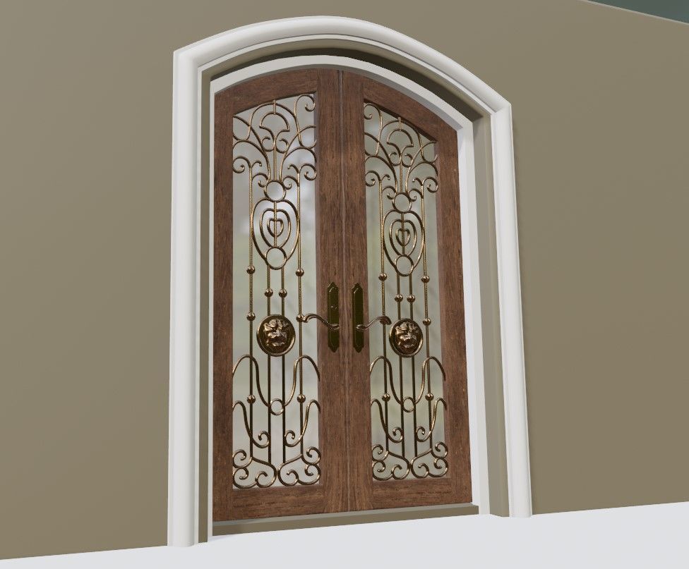 Classic Wrought Iron Glass Main Double Door 3D model_5