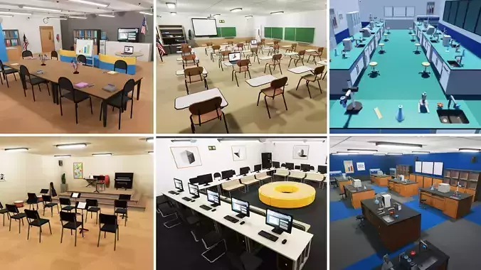School Classroom - 7 interiors pack Low-poly 3D model