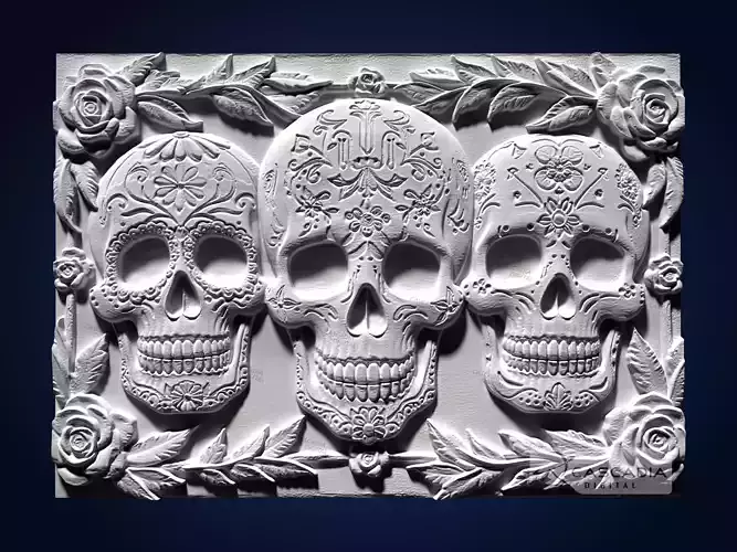Tres Calaveras CNC Router Carving Casting Relief Dia De Muertos 3D print model