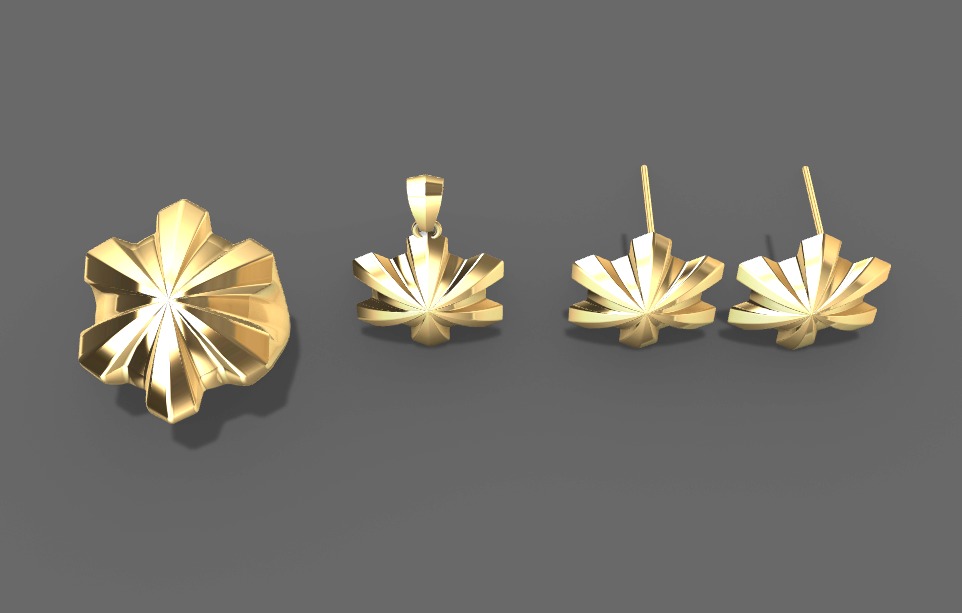 Set Geometric flower ring earring and pendant- conjunto 3D print model_12