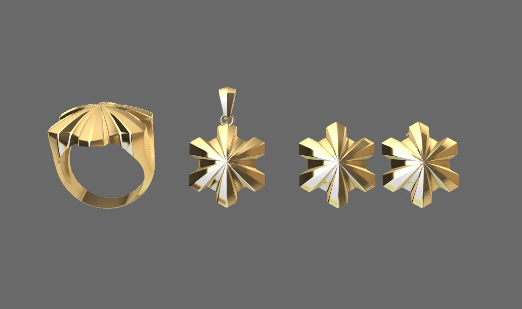 Set Geometric flower ring earring and pendant- conjunto 3D print model_11