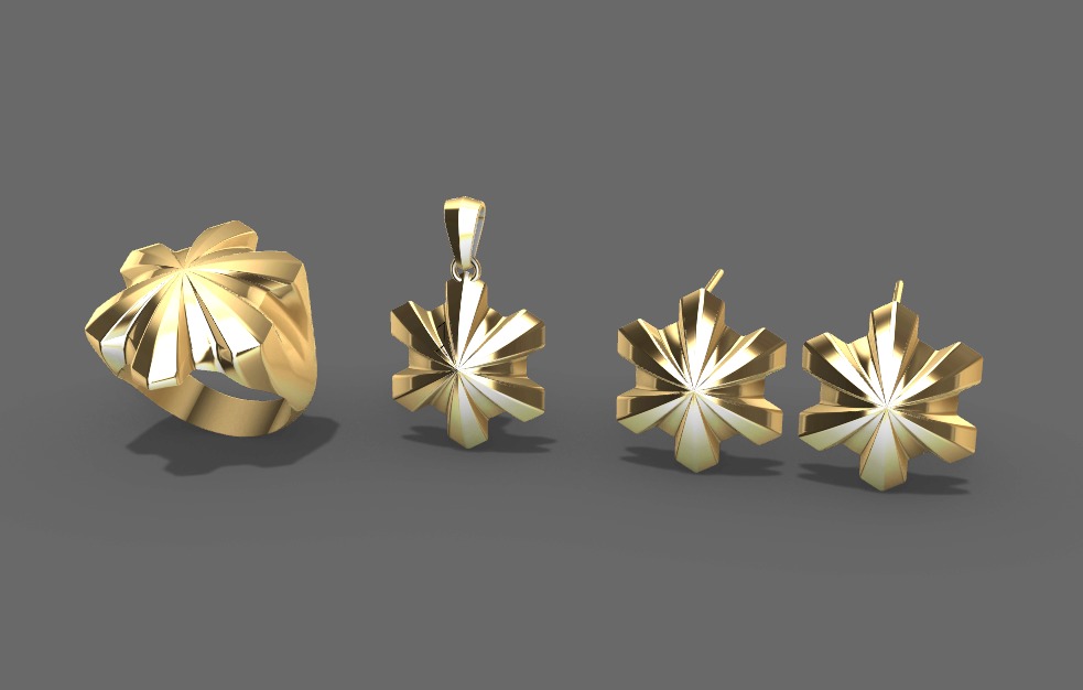 Set Geometric flower ring earring and pendant- conjunto 3D print model_10