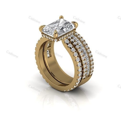 Elegant Multi-Row Baguette and Round Diamond Ring 3D Model 3D print model