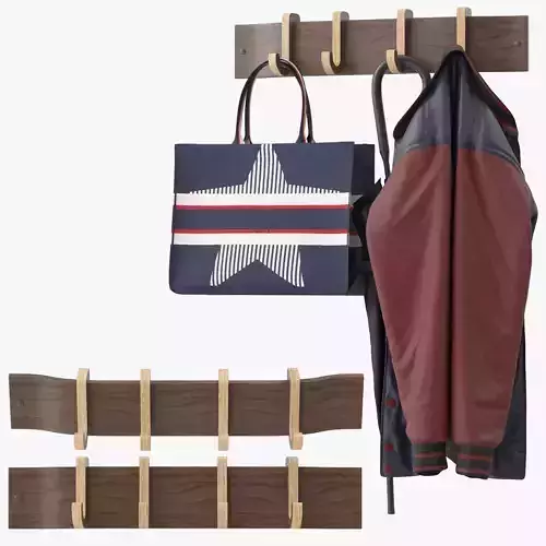 Wooden coat rack with sliding hooks 3D model