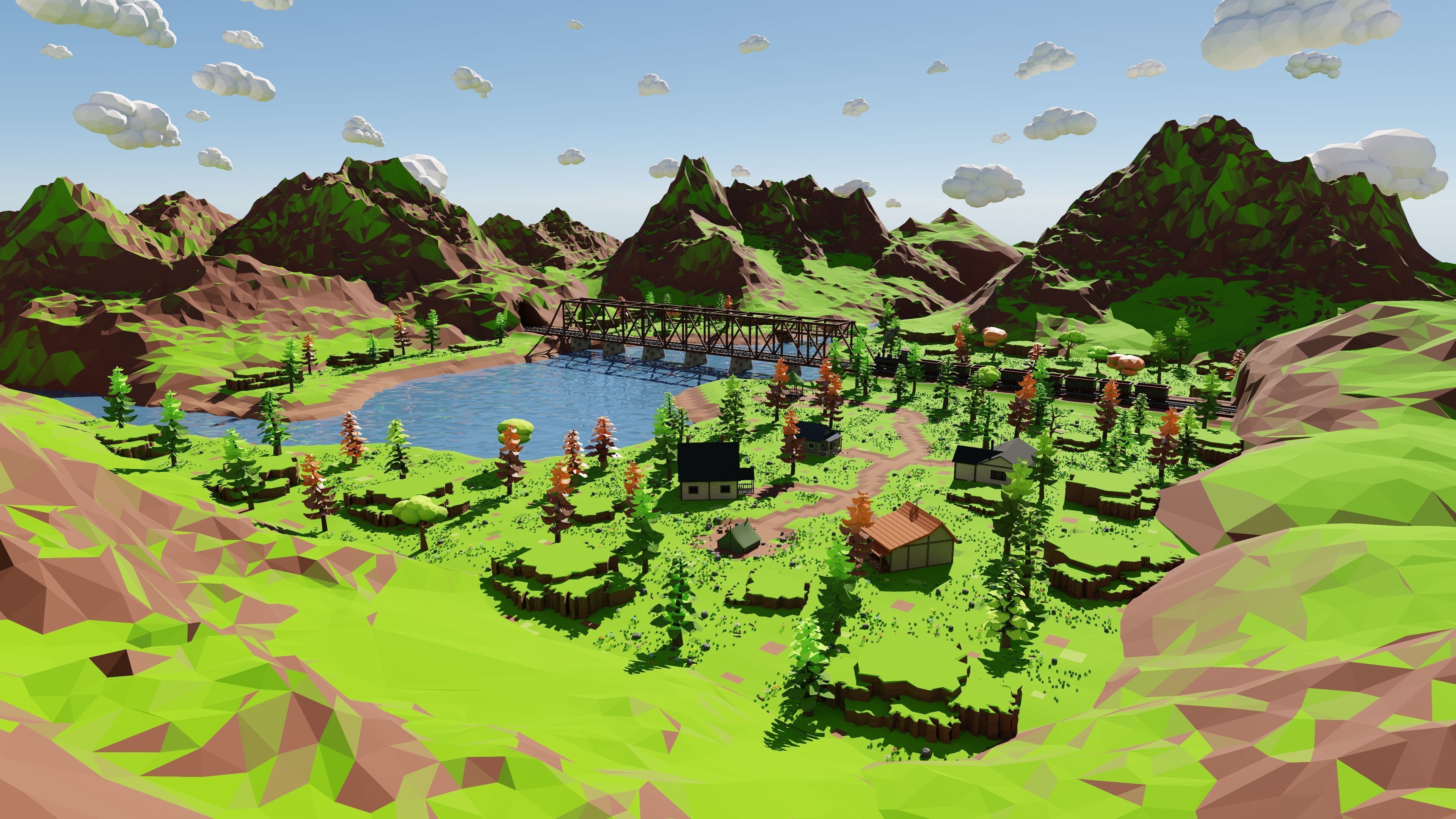 Mountain Village With Train 3D model_22
