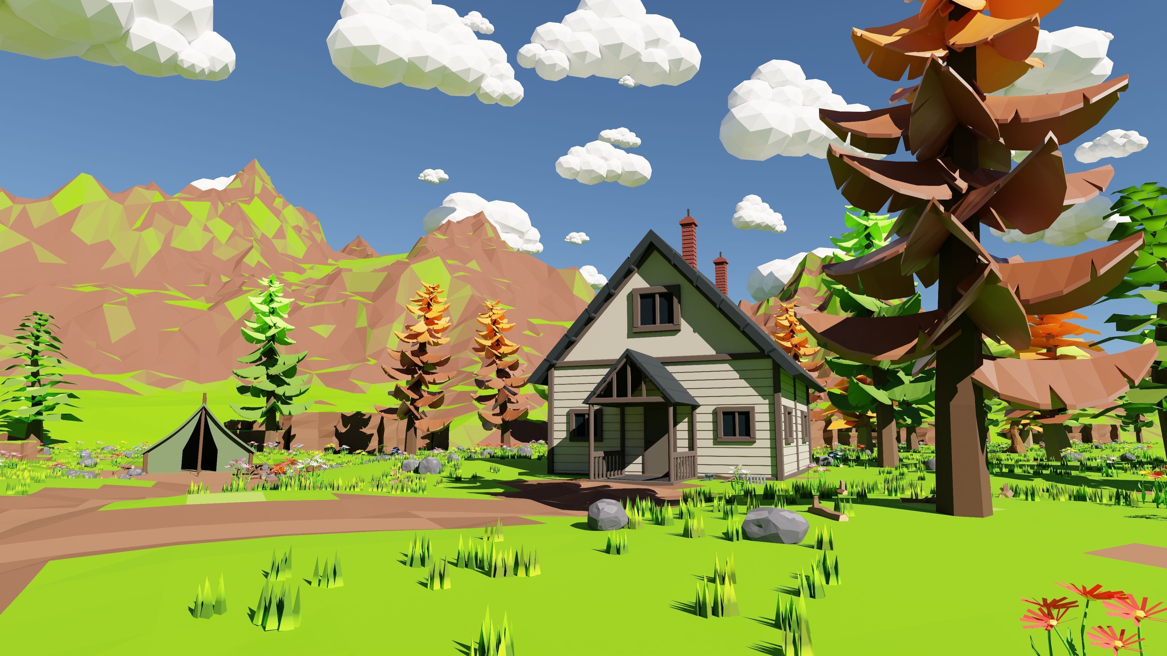 Mountain Village With Train 3D model_9