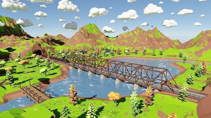 Mountain Village With Train 3D model