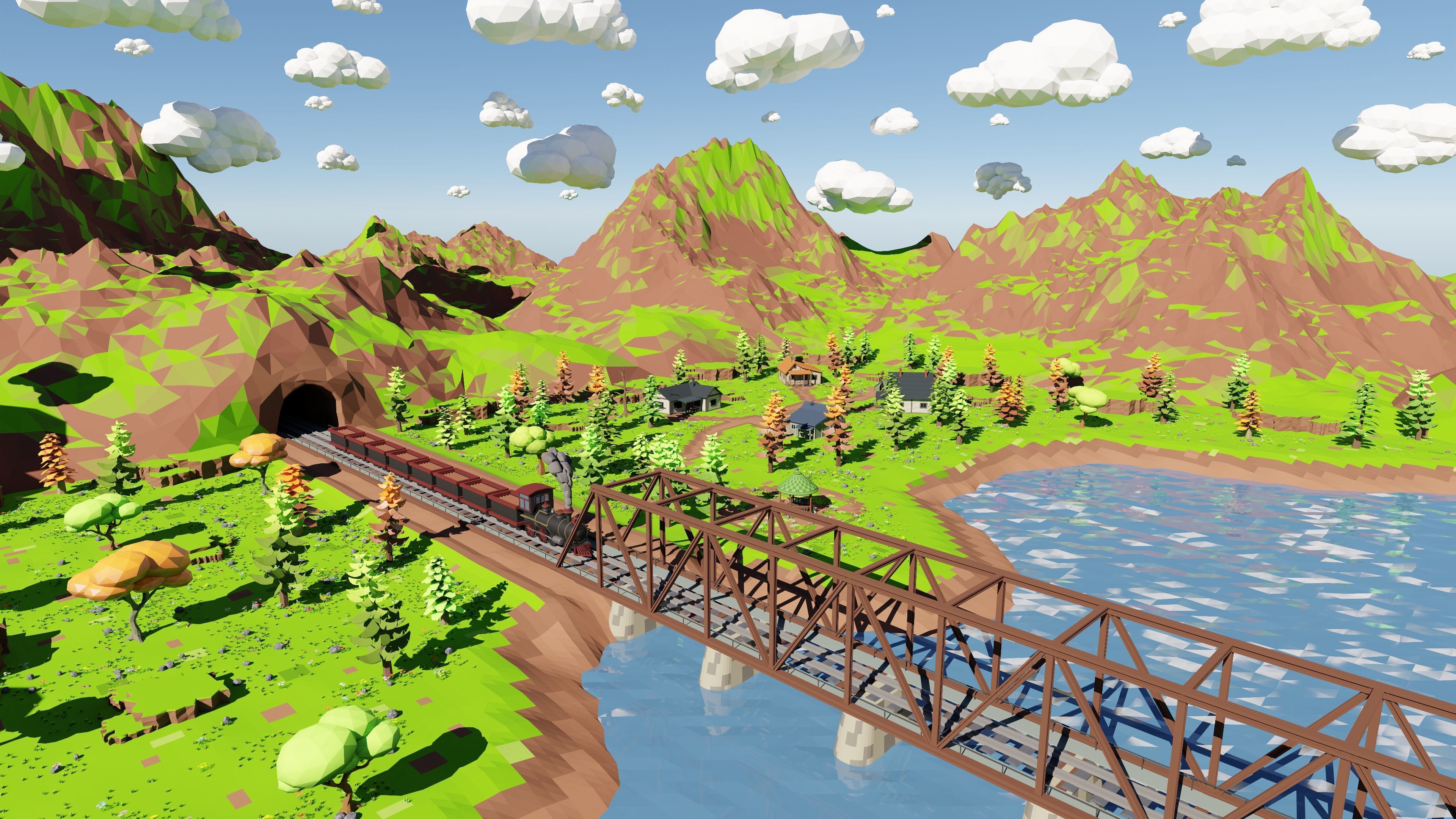 Mountain Village With Train 3D model_3