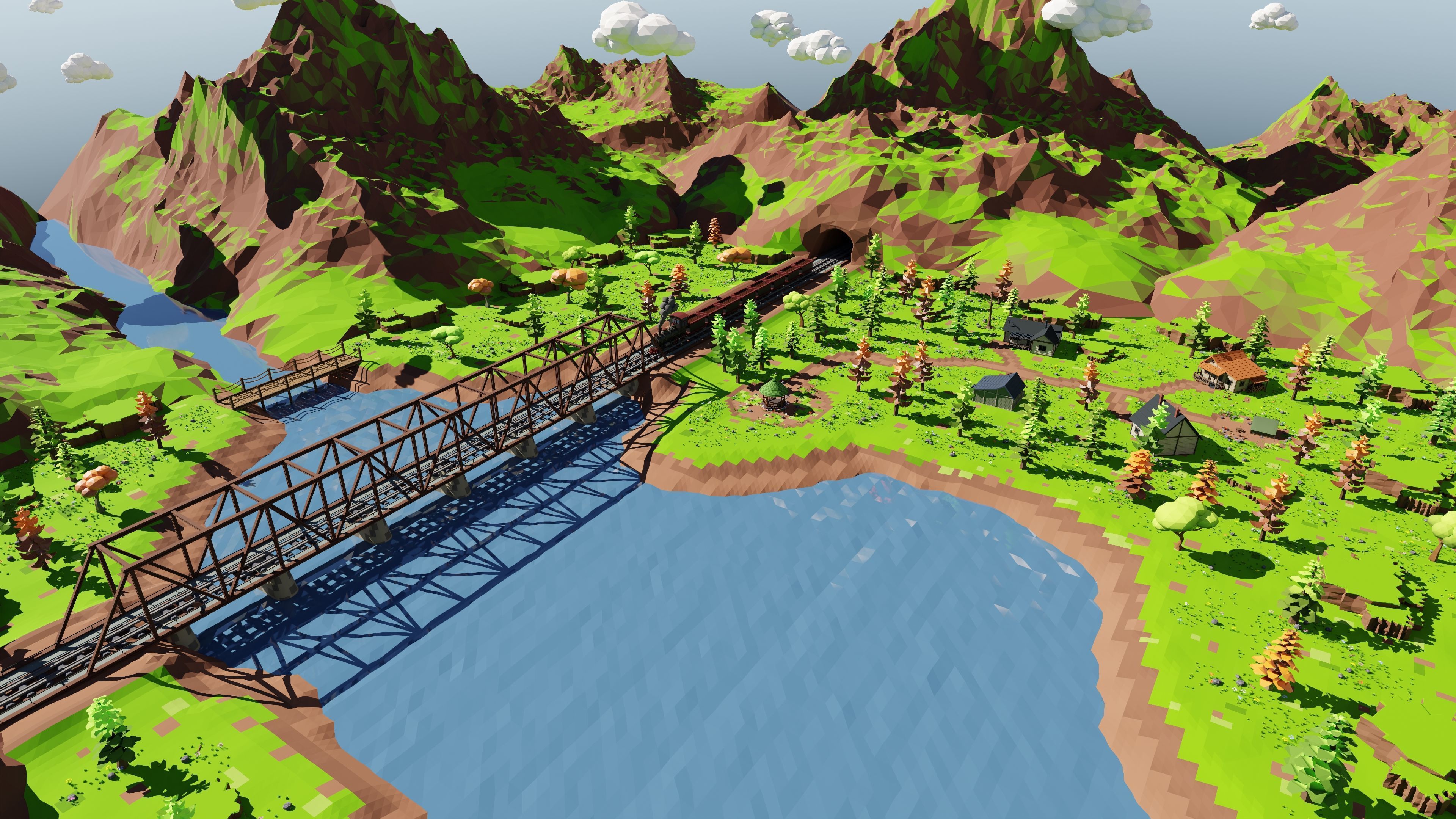 Mountain Village With Train 3D model_27