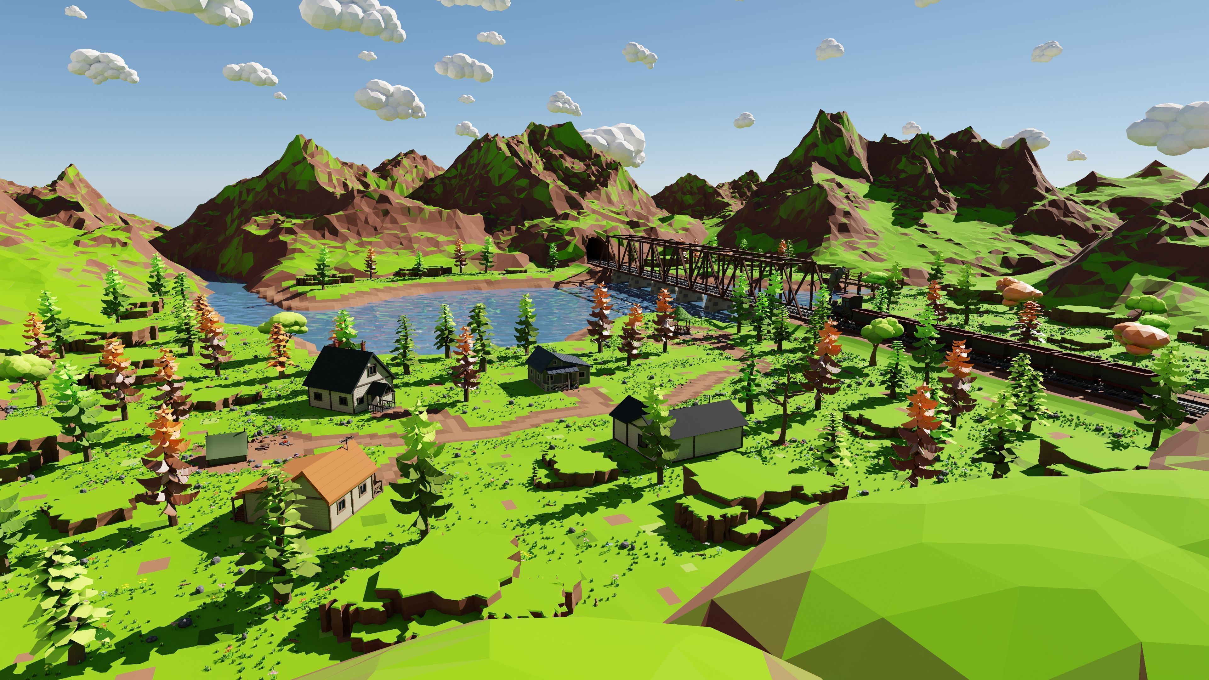 Mountain Village With Train 3D model_25