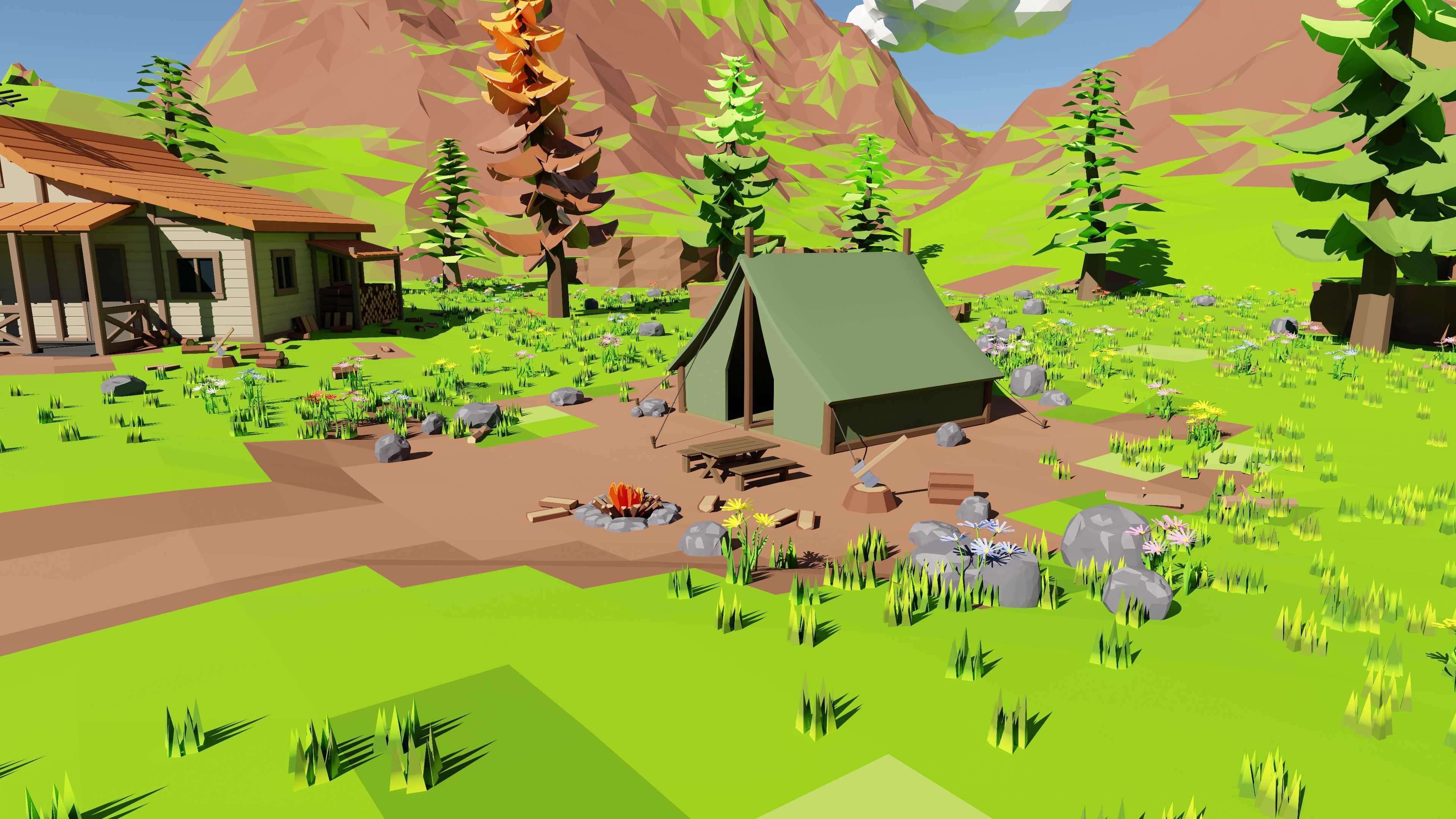 Mountain Village With Train 3D model_35