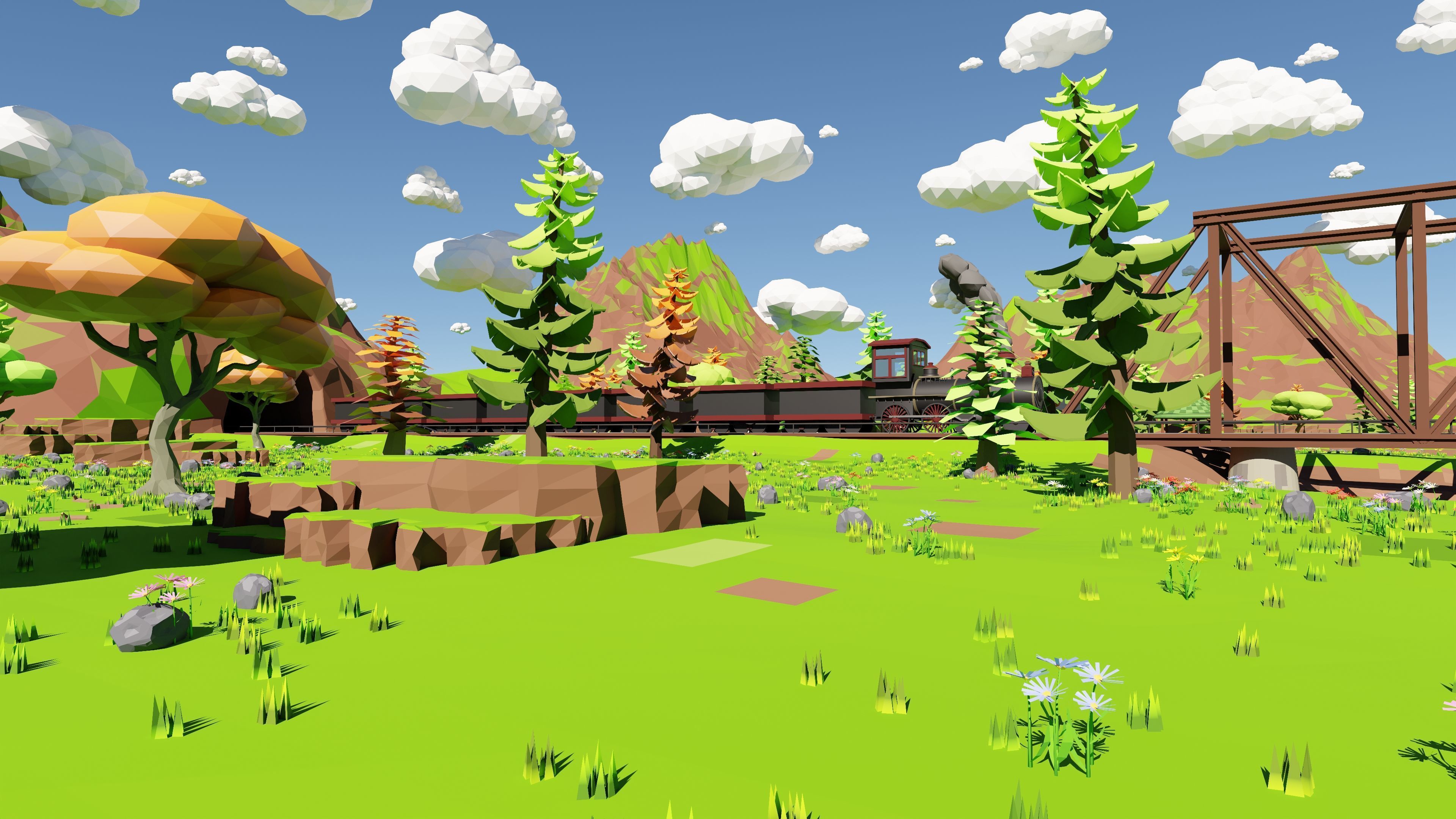 Mountain Village With Train 3D model_44