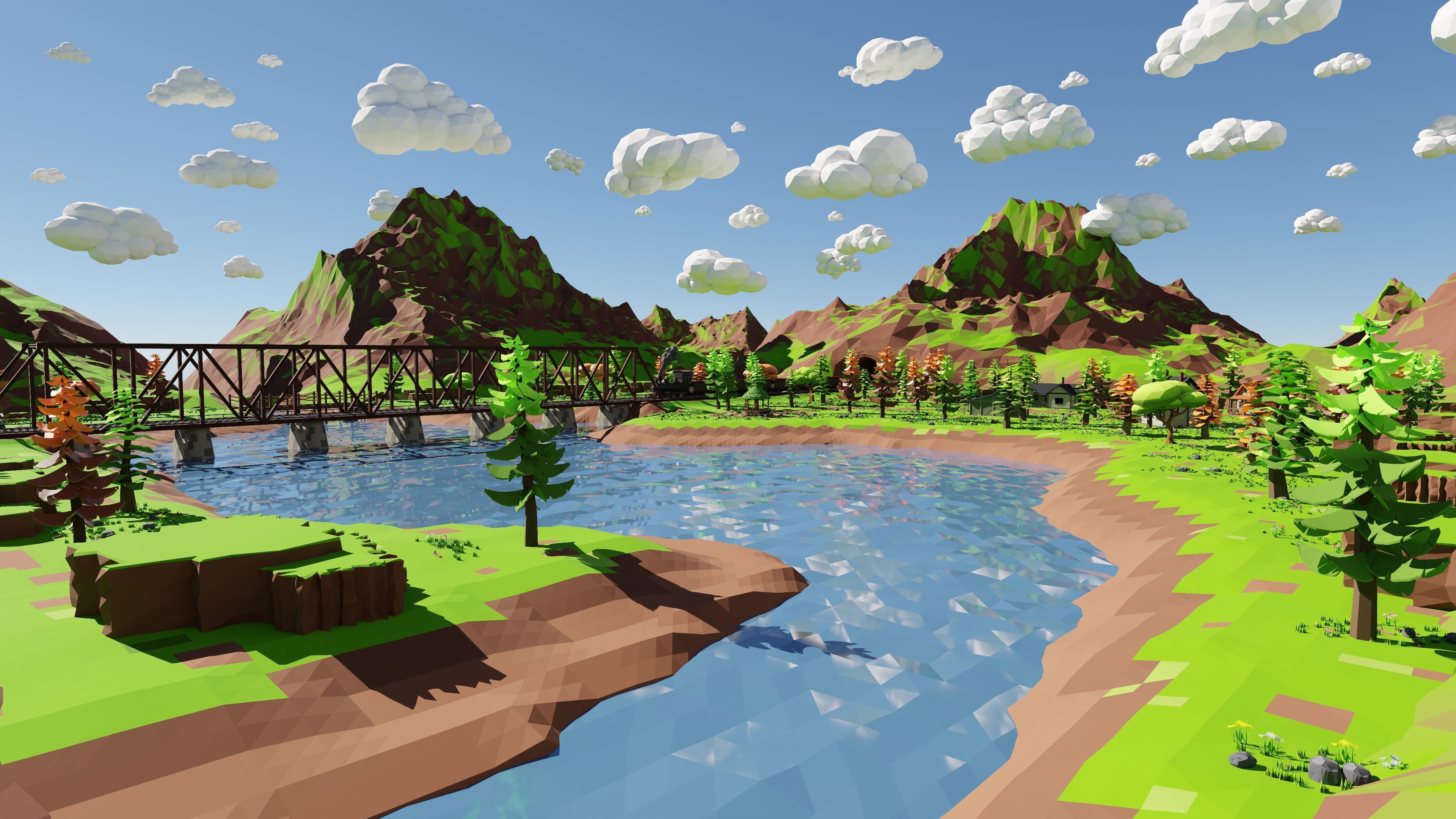 Mountain Village With Train 3D model_26