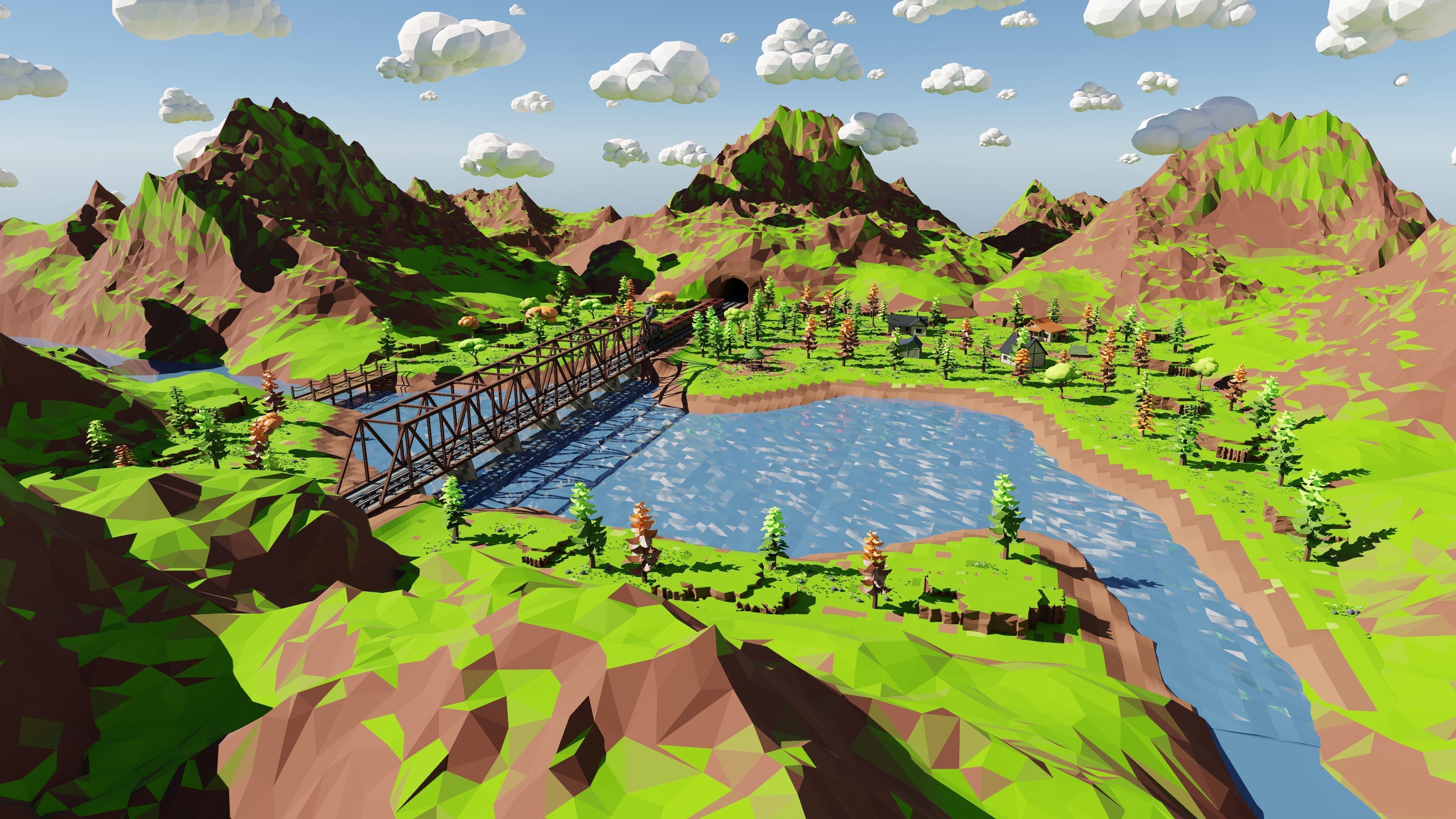 Mountain Village With Train 3D model_21