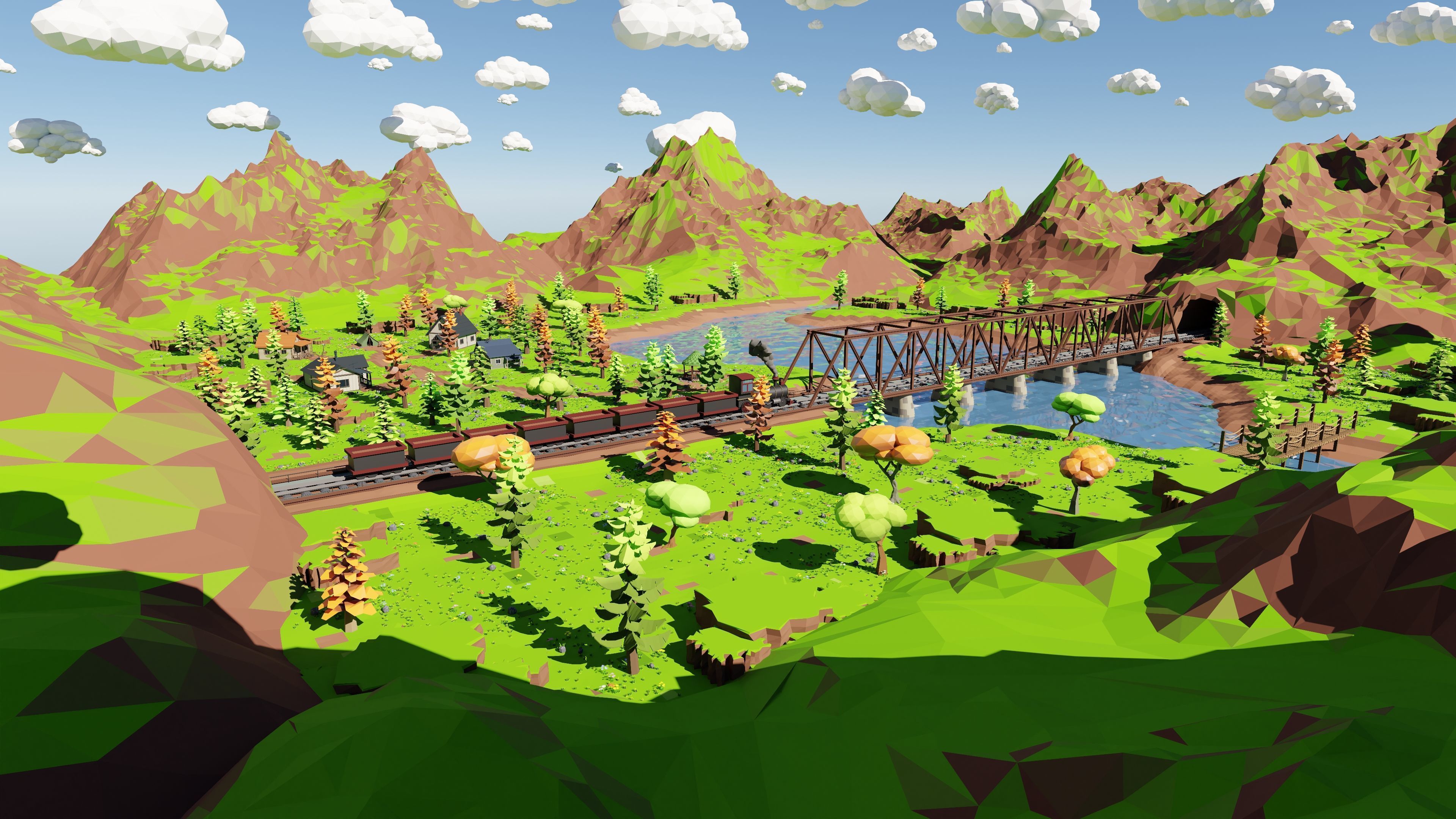 Mountain Village With Train 3D model_2