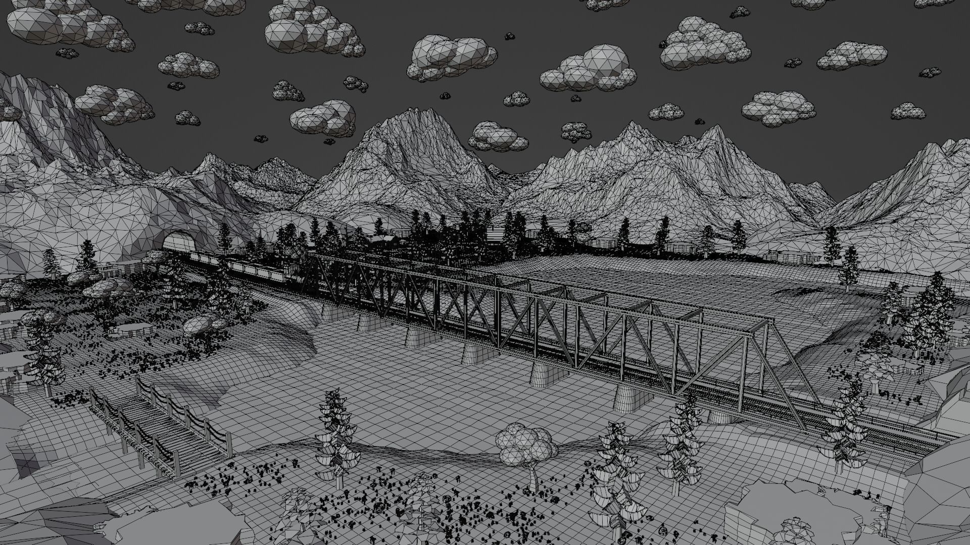 Mountain Village With Train 3D model_17