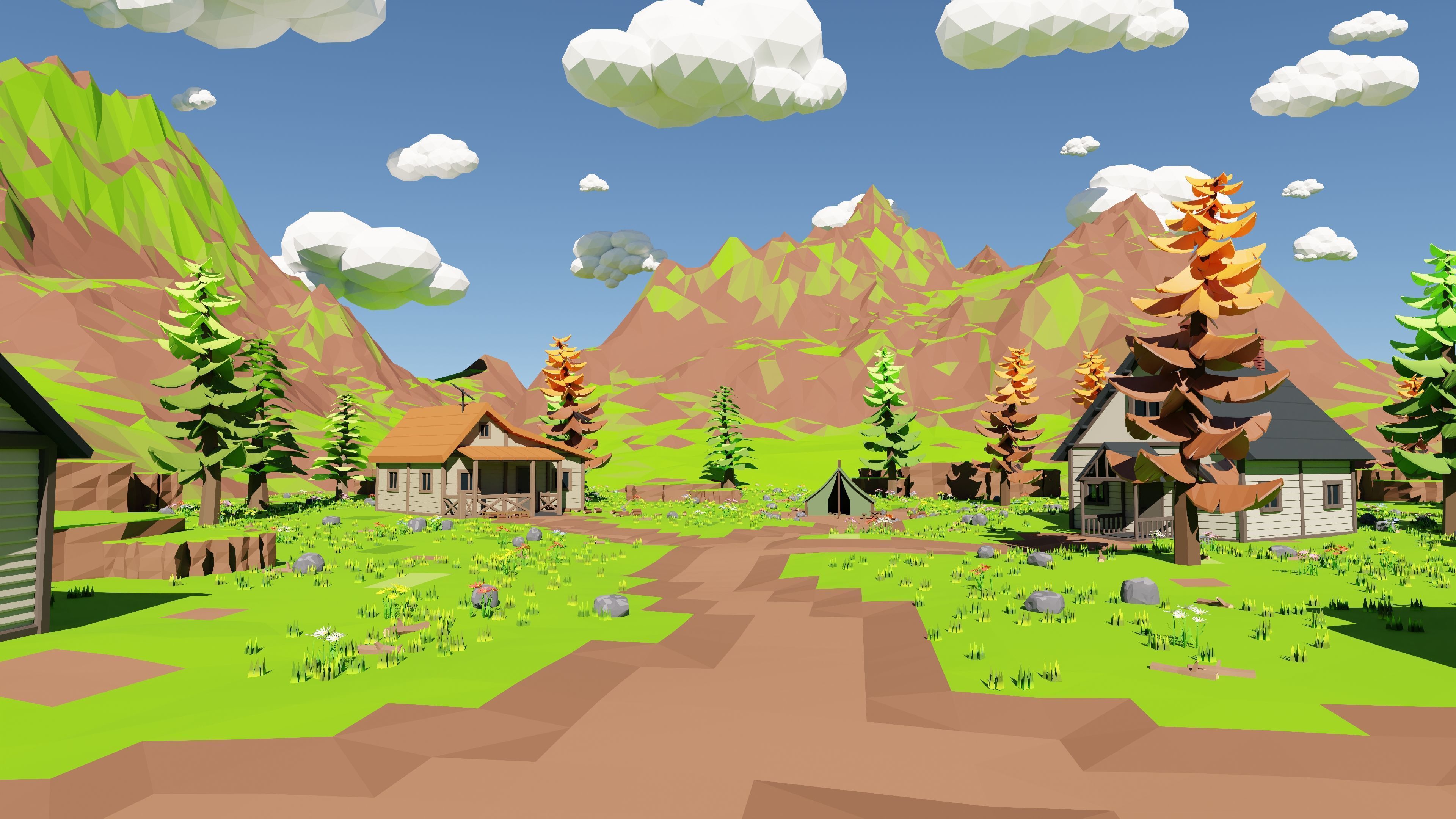 Mountain Village With Train 3D model_37