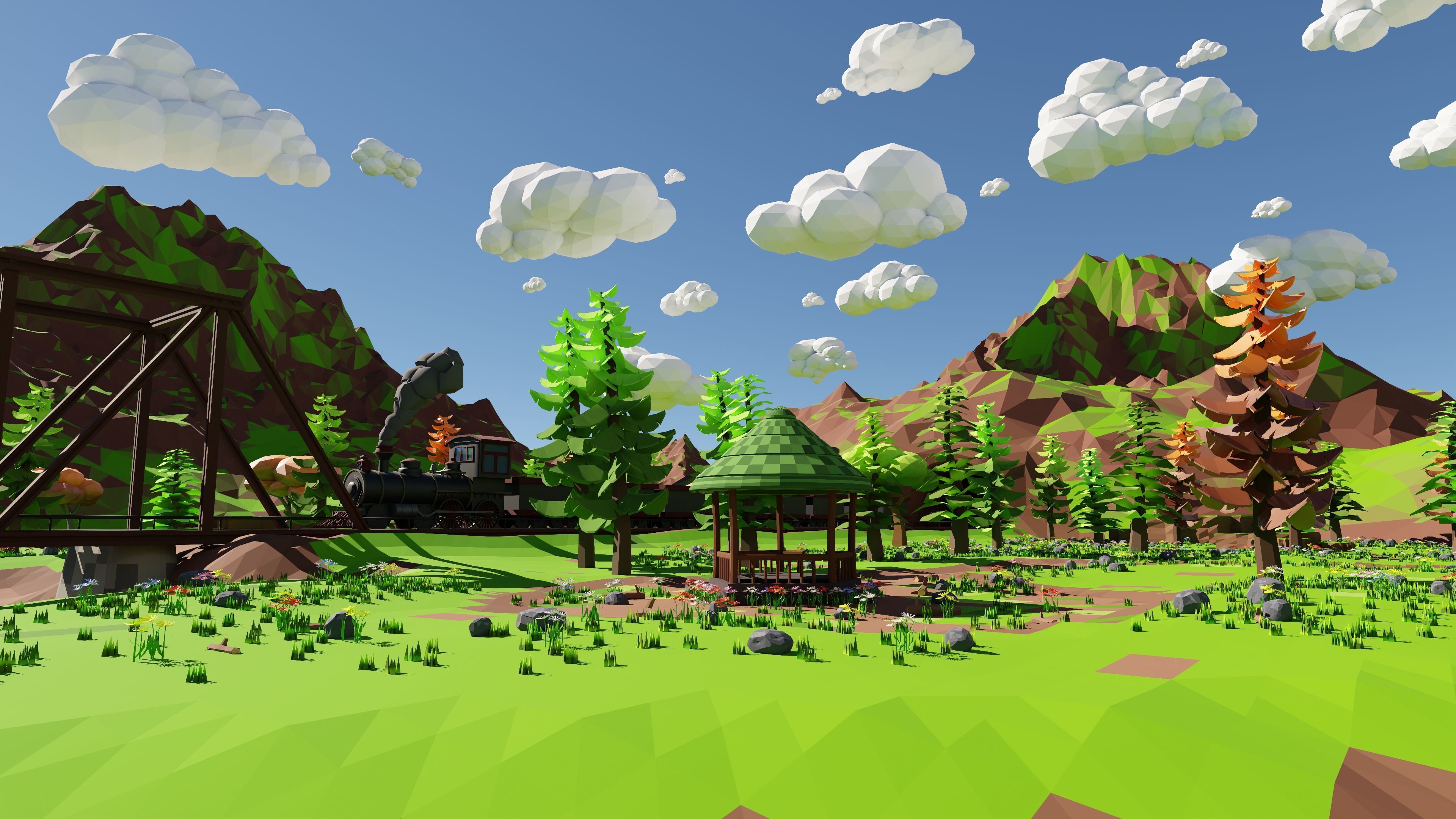 Mountain Village With Train 3D model_5