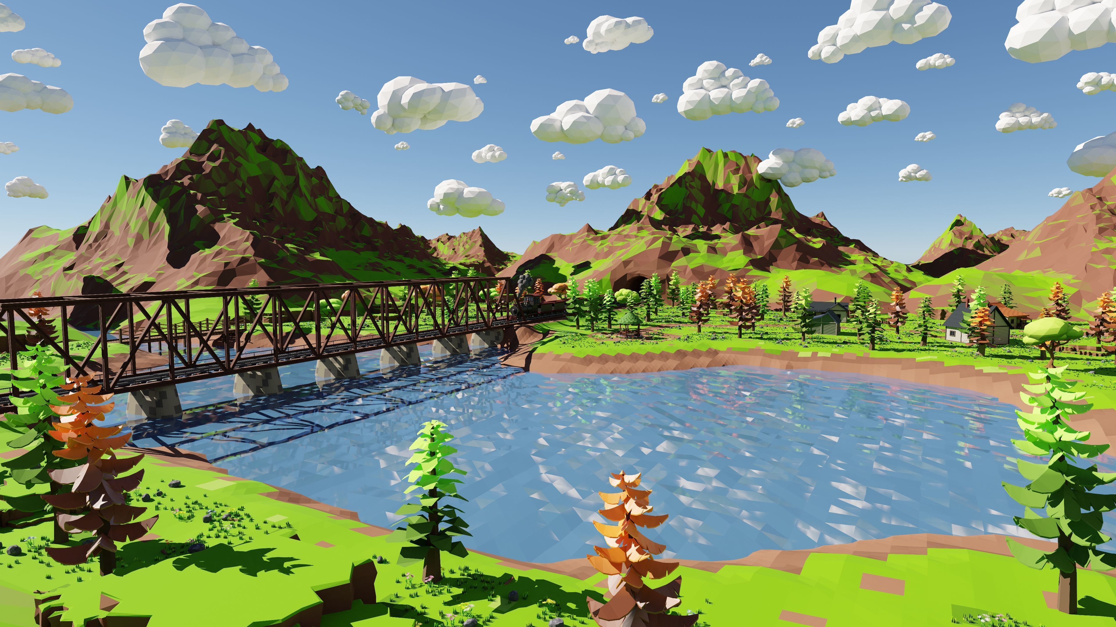 Mountain Village With Train 3D model_42